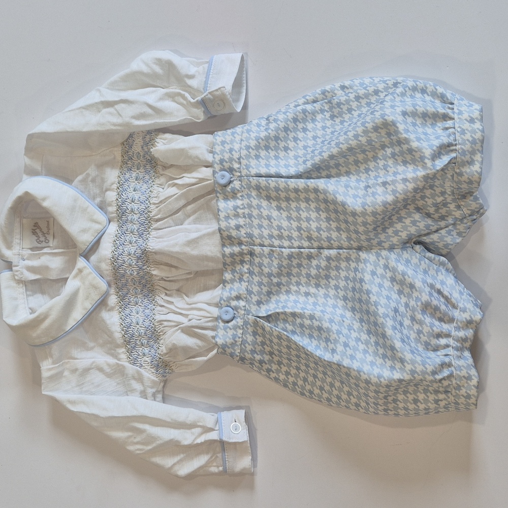 Pretty Originals Classic Formal Smocked Outfit White and Blue Baby Outfit 6m